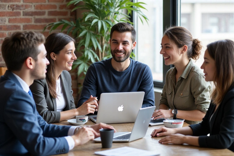 A diverse group of people collaborating around a table, looking at laptops and discussing digital deals, representing a community focused on smart shopping and shared savings.