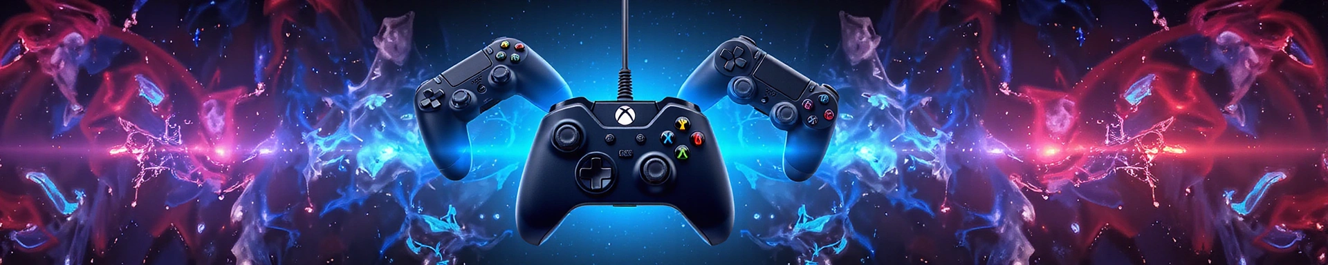 Futuristic gaming background with abstract controllers and digital elements