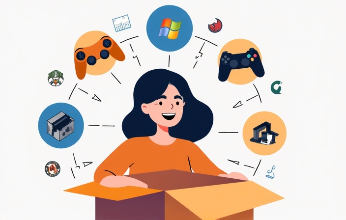 Illustration of a person happily unboxing a digital bundle