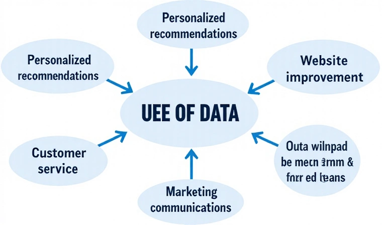 Graphic depicting various uses of data, such as personalized recommendations, website improvement, customer service, and marketing communications, all interconnected with arrows.
