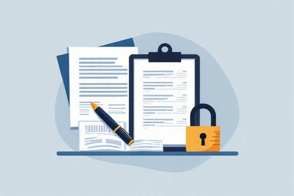Illustration of legal documents and a pen, symbolizing intellectual property